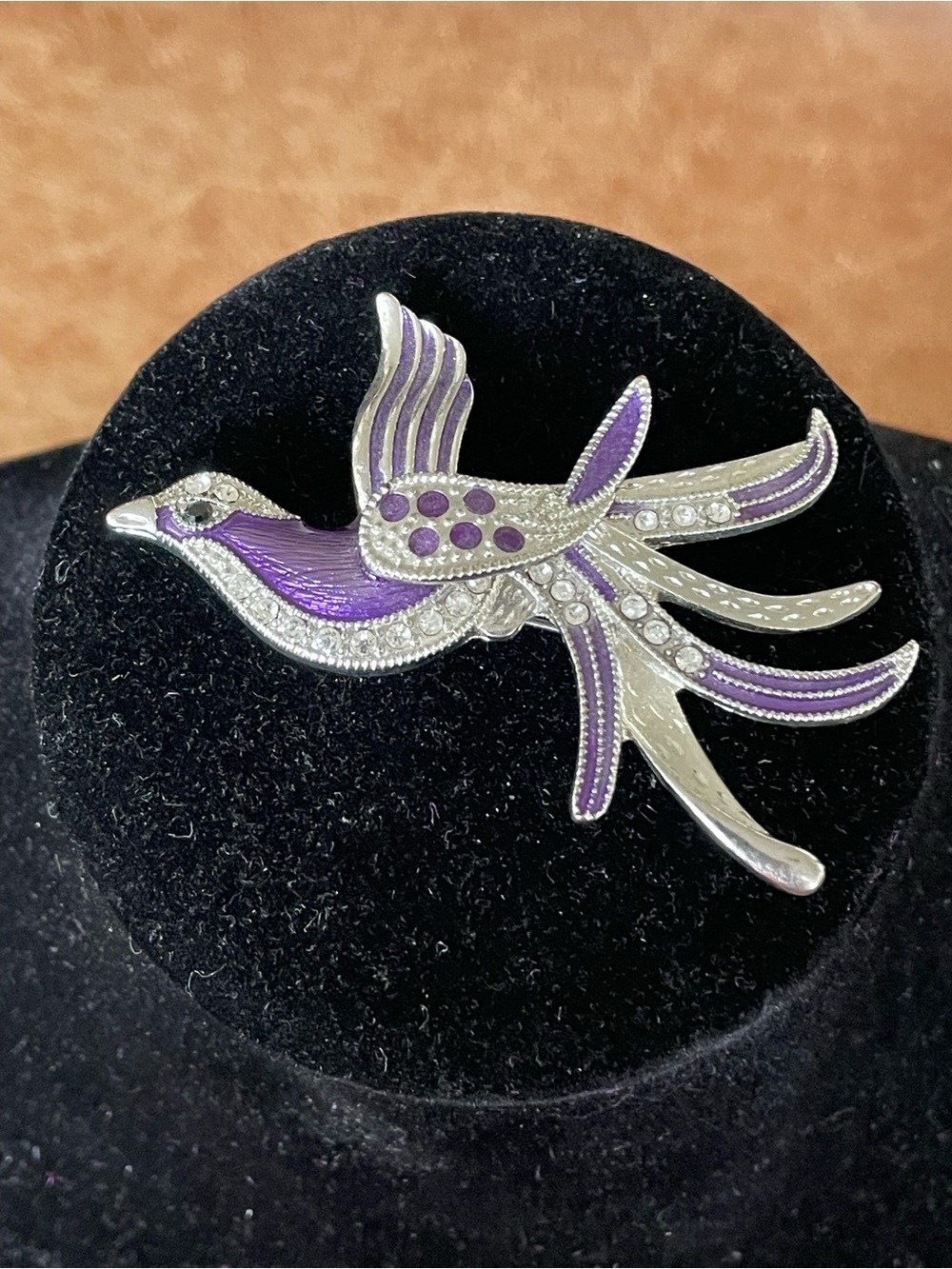 Vintage Purple Enamel & Rhinestone Silver Tone Bird in Flight Brooch Pin
